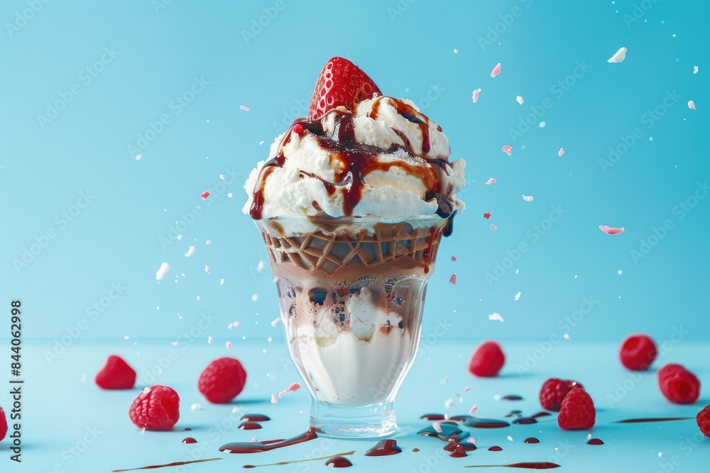 Poster a colorful dessert featuring a raspberry-topped ice cream sundae with rich chocolate sauce