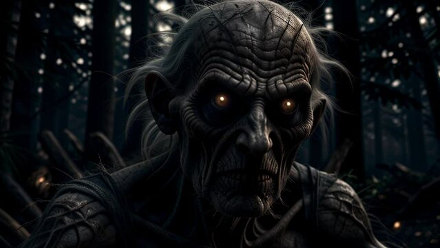 Zombie walking through a dark forest. Seamless loop of a terrifying undead. Infected old man from horror movie.