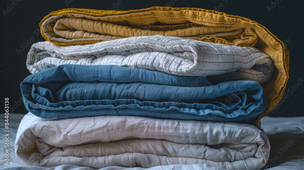Poster a pile of folded blankets sits atop a bed, perfect for adding warmth and texture to a room