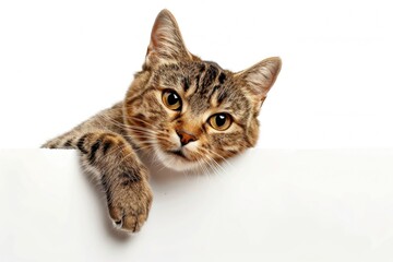 A curious tabby cat peering over a blank sign, possibly looking for attention or trying to get a better view