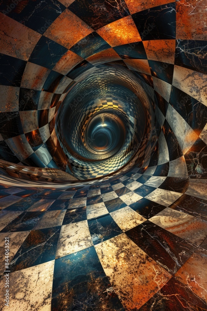 Poster A unique black and white checkered floor design features a spiral pattern, suitable for use in illustrations or designs