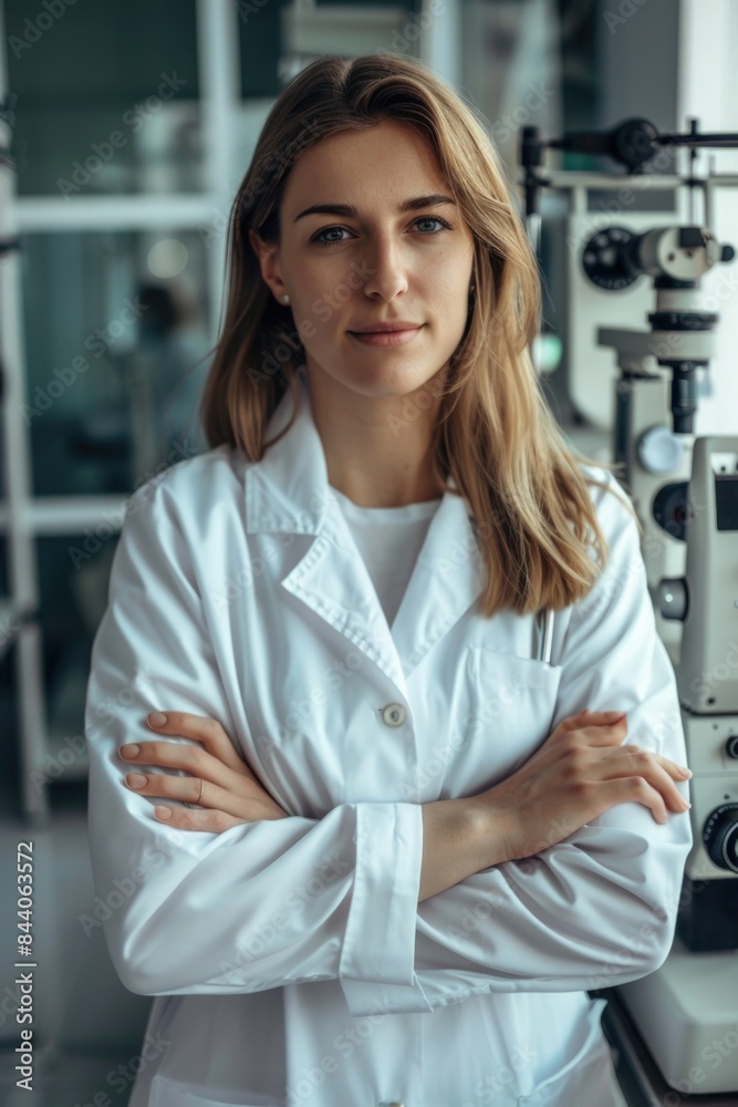 Poster a scientist stands in front of a microscope, focused on her work