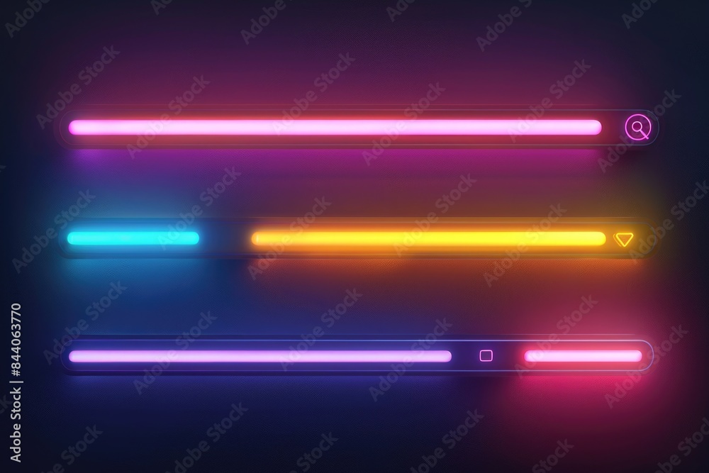 Poster a close-up view of neon lights shining brightly on a dark background, ideal for use in designs relat