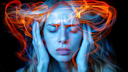 Stressed woman blue in pain represented by red flame like light trails, intense emotion suffering anguish torment