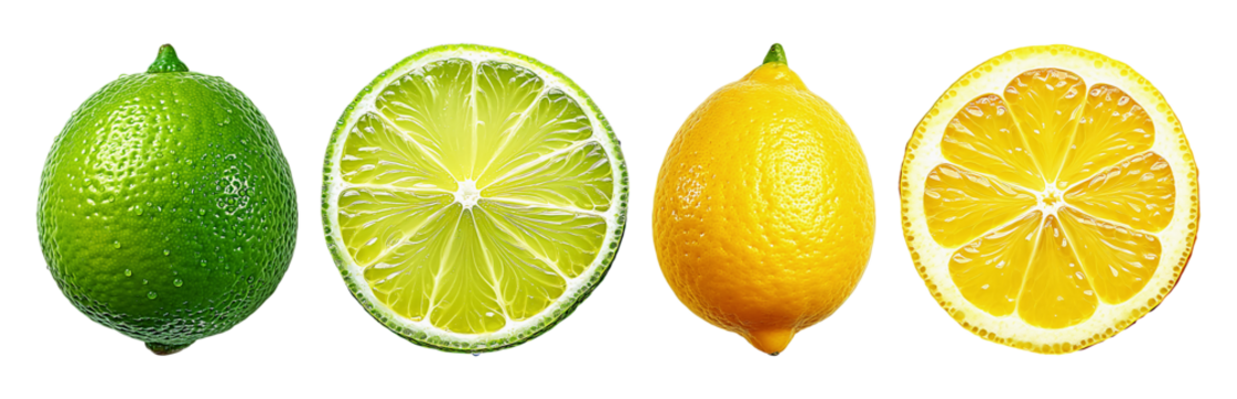 Citrus fruits: lime and lemon, whole and a slice.