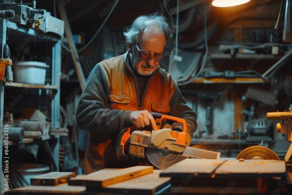 Poster A worker operating a circular saw in a workshop setting, ideal for use in DIY or construction projects