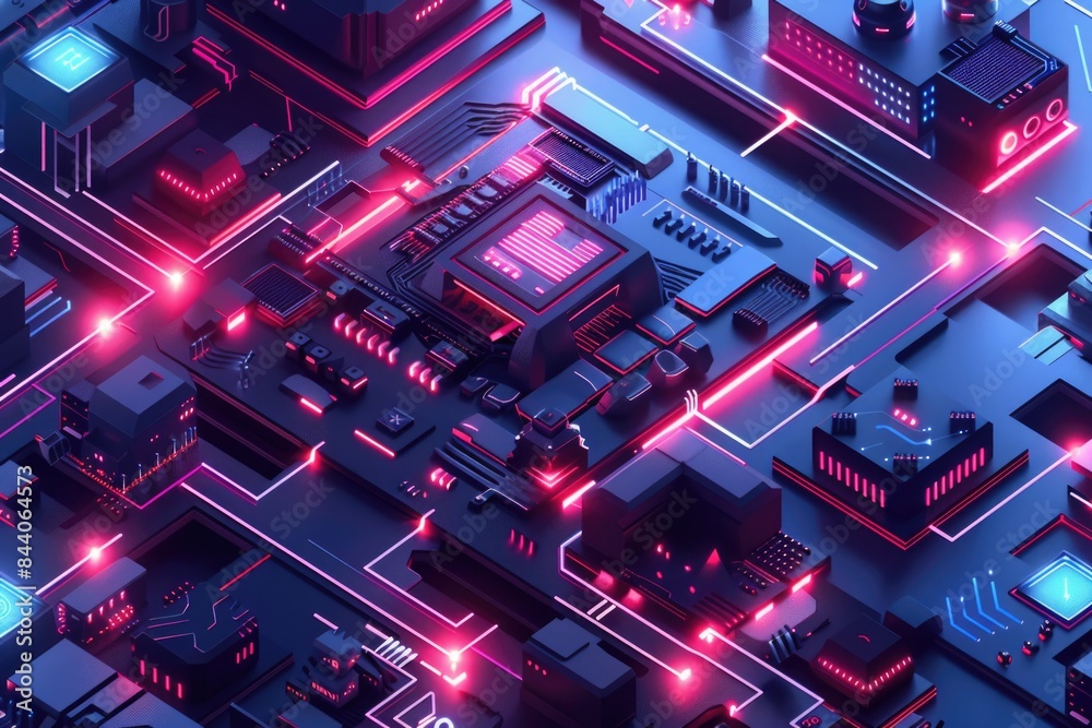 Poster a bustling metropolis filled with neon lights and modern architecture, ideal for use in scenes depic