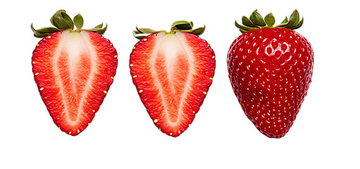 Strawberries whole and halved on a transparent background.