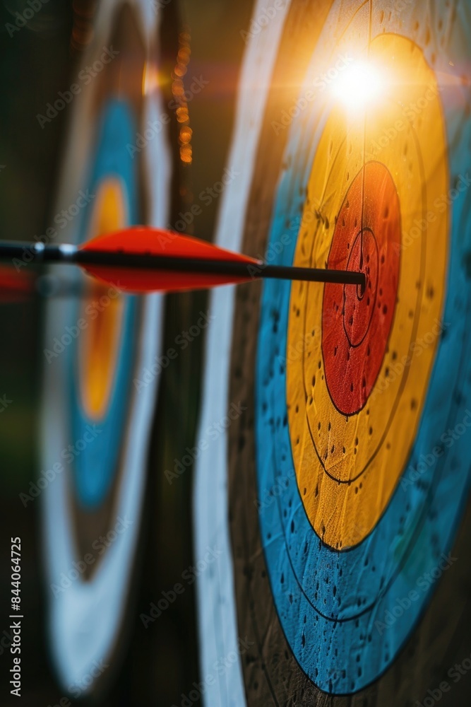 Aufkleber a close-up shot of an arrow centered in a bullseye, perfect for use in illustrations or designs rela