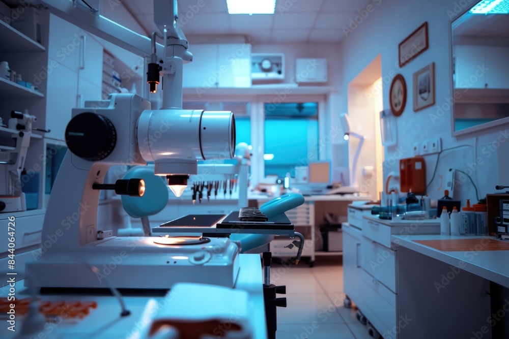 Aufkleber a photo of various laboratory equipment and a microscope on a table