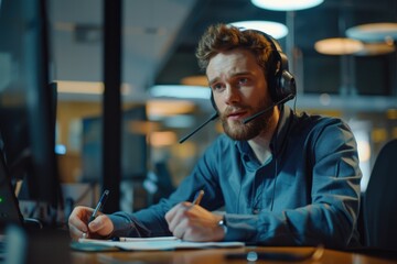 Obraz premium A person wearing a headset sits in front of a computer, possibly engaged in virtual reality or online gaming