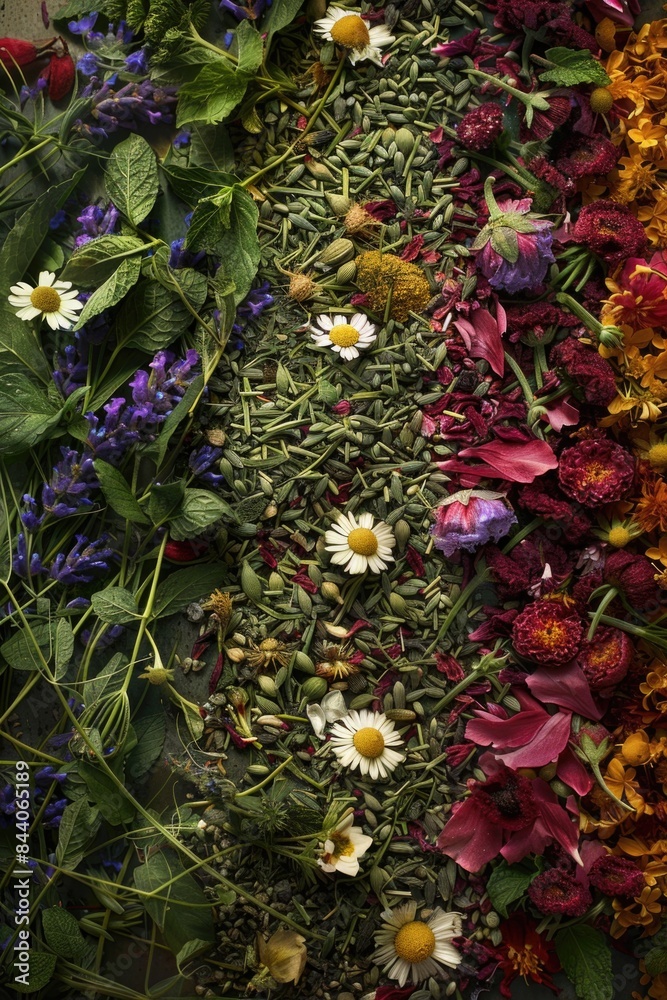 Poster a variety of colorful flowers arranged on a table, perfect for use in still life photography or as a