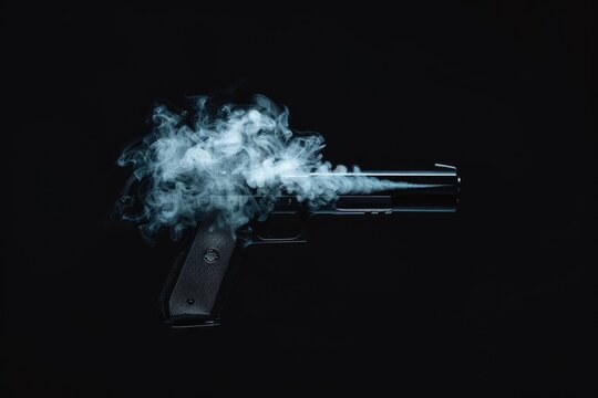 A gun with smoke coming out of the barrel, suitable for crime scene or action photography
