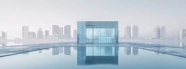 Obraz premium Cityscape Horizon: Minimalist Glass Tower in Urban Oasis (Futuristic Architecture, Business)