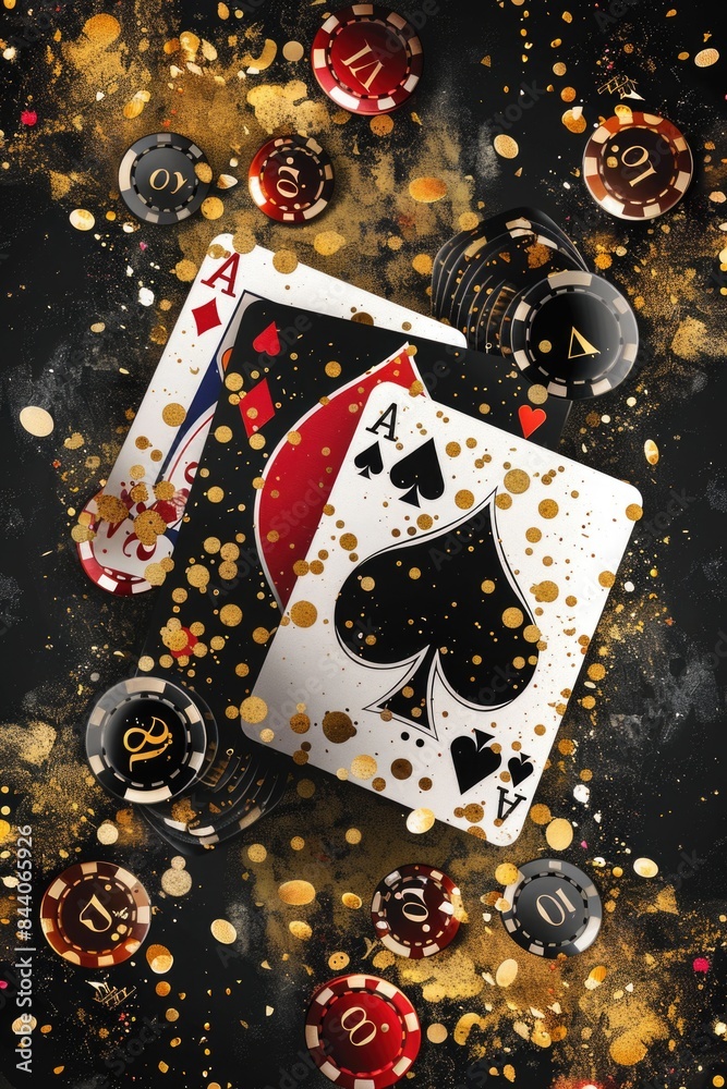 Aufkleber poker game in progress with a standard deck of 52 cards and various chips on the table