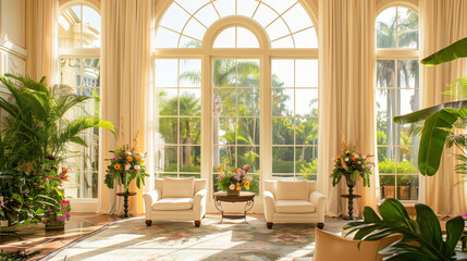 Fototapeta premium A bright, elegant room with large, arching windows, adorned with lush greenery and colorful floral arrangements that create a serene and inviting atmosphere