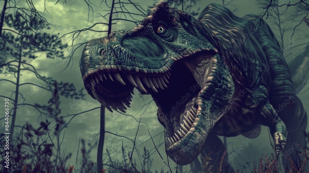 Poster a dinosaur with its mouth open in a natural environment, ideal for use in illustrations about prehis