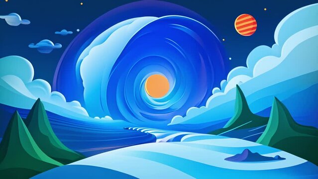 An immersive video installation that reflects the ebb and flow of ocean tides highlighting the cyclical nature of the natural world.. 2d flat cartoon
