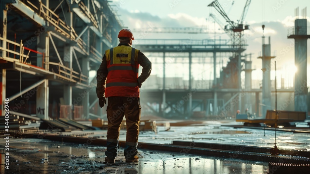 Aufkleber a construction worker stands in front of an unfinished building, surrounded by scaffolding and heavy