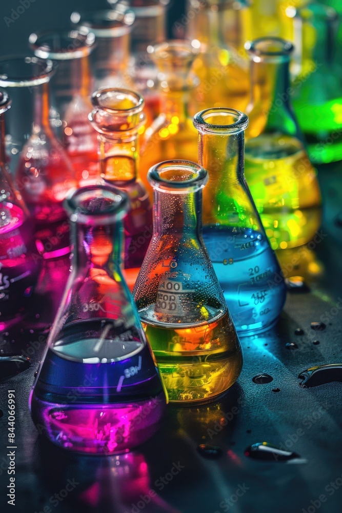 Poster a collection of vibrant flasks containing various liquids, ideal for use in illustrations about chem
