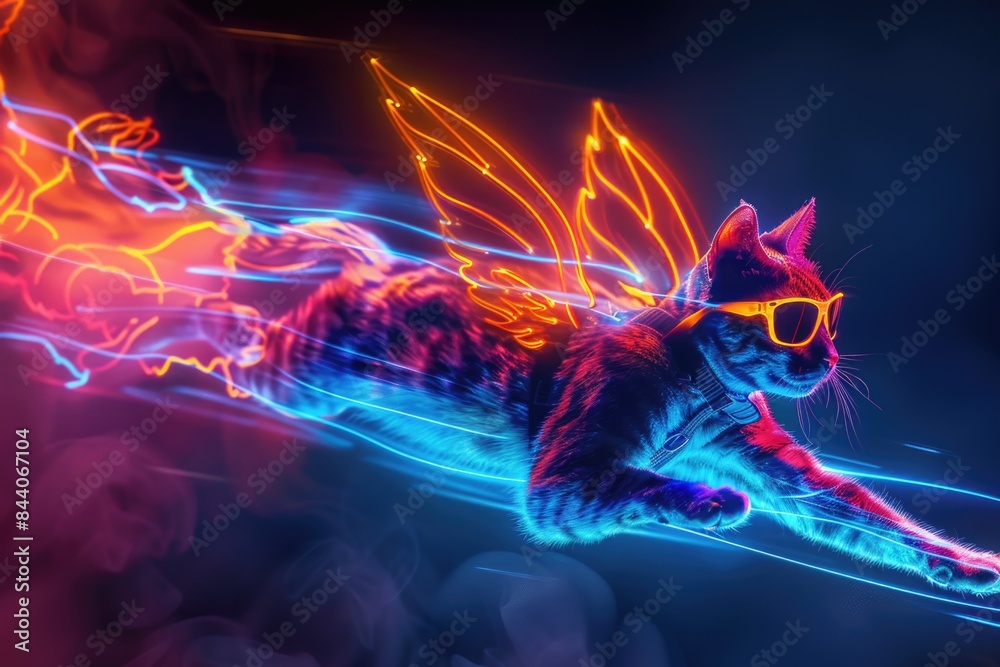 Poster A curious cat soars through the air surrounded by vibrant neon lights, ideal for use in futuristic or sci-fi themed designs