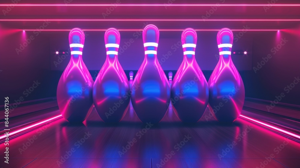 Poster a row of bowling pins set up on the lanes in a bowling alley