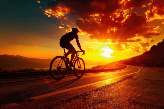 A person rides a bike on a road during sunset, one informative phrase about what pictured on image and a one phrase with a short advice of where may be used this picture