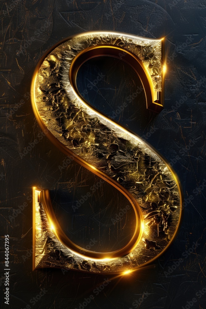 Poster a simple yet elegant design featuring a shiny golden letter s on a black background, ideal for use i
