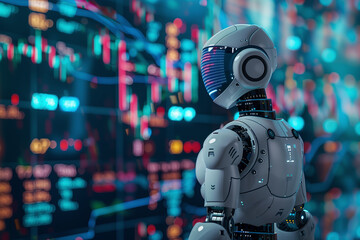 Fototapeta premium A trading robot analyzing the trading charts, symbolizing the graph growth up and artificial intelligence for stock market analysis