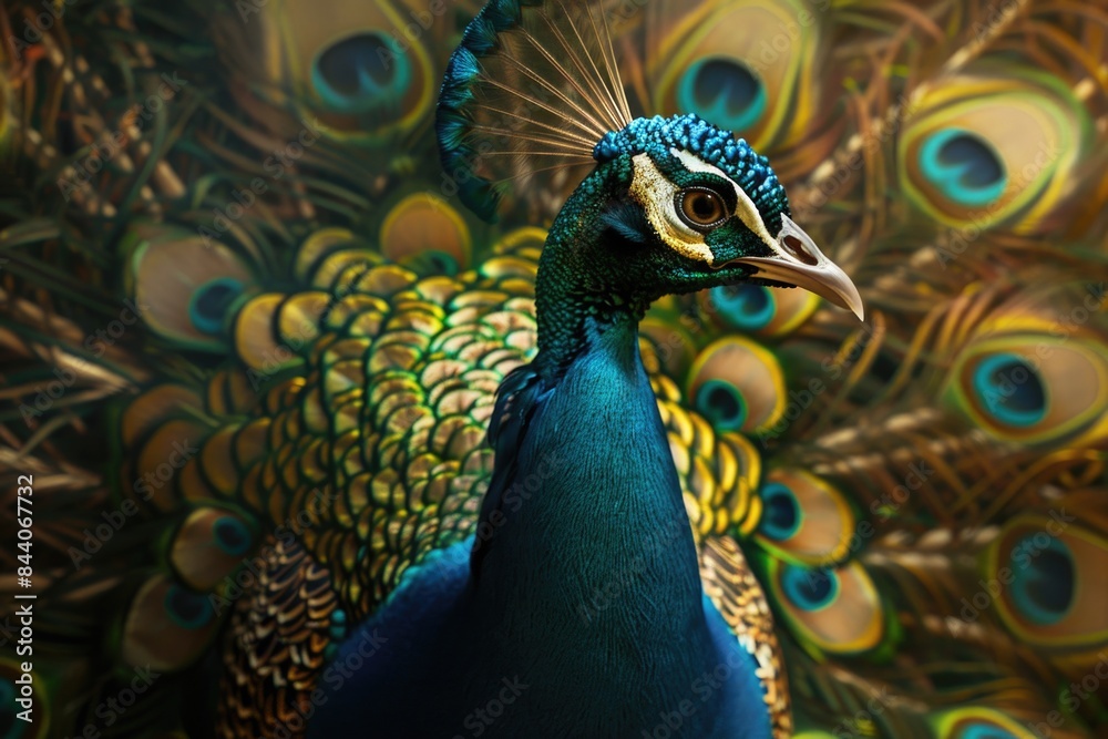 Poster a close-up view of a peacock's head and feathers, showcasing vibrant colors and intricate details