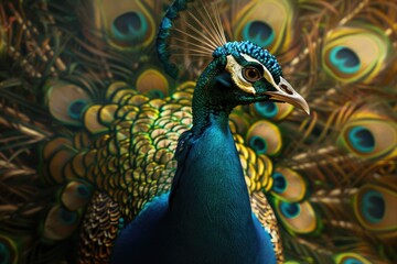 Fototapeta premium A close-up view of a peacock's head and feathers, showcasing vibrant colors and intricate details