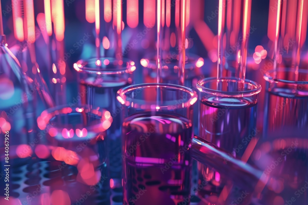 Aufkleber close-up view of test tubes filled with various substances, used in laboratory settings