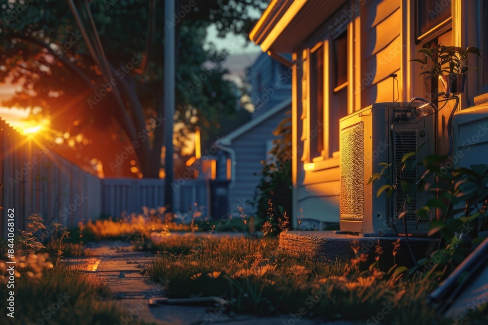 Poster a photo of a house with the sun setting in the background