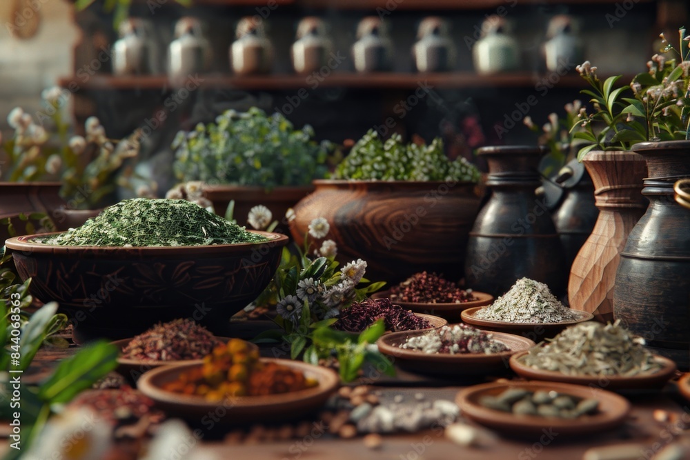 Poster A variety of herbs and spices displayed on a table