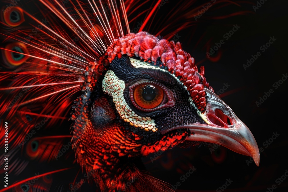 Poster a close-up view of the vibrant red and black feathers on a bird, perfect for use in nature or wildli