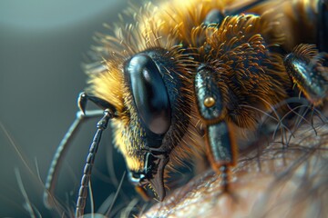 A close-up image of a bee's face with its eyes closed