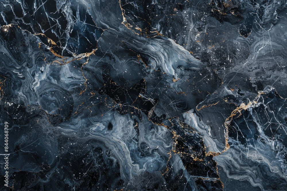 Poster A close-up view of a black and gold marble, showcasing its unique pattern and color combination