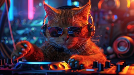 A domestic cat wearing sunglasses and headphones plays musical instrument