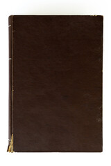 Fototapeta premium brown coloured damaged leather cover of a very old book. yellowed natural paper texture. isolated on white background. clean close-up.