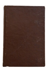 brown coloured damaged leather cover of a very old book. yellowed natural paper texture. isolated on white background. clean close-up.