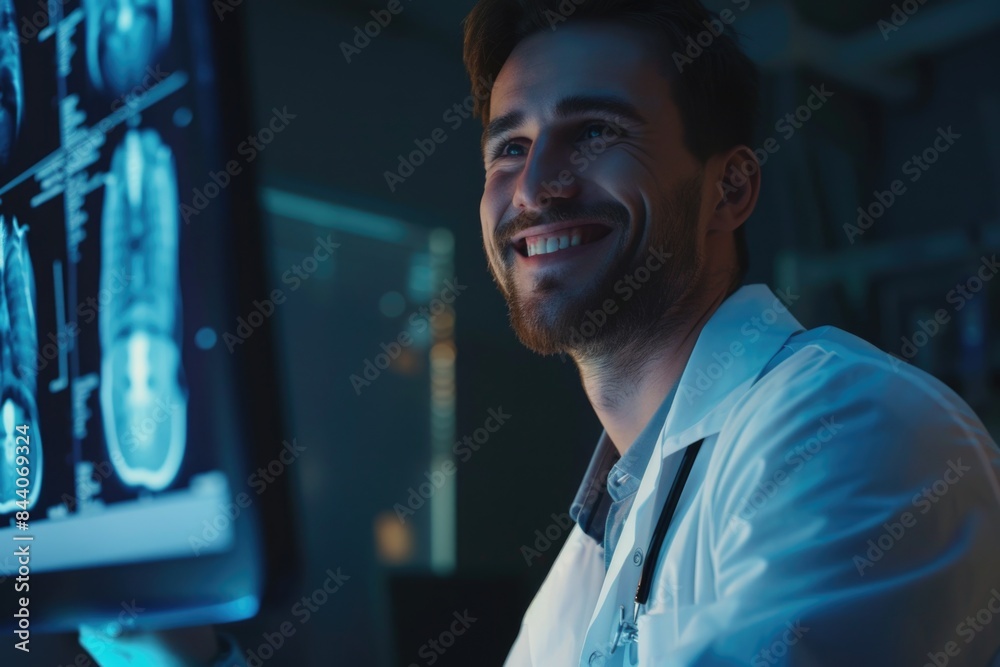 Poster A person in a lab coat reviews data on a computer screen, ideal for technology and innovation concepts