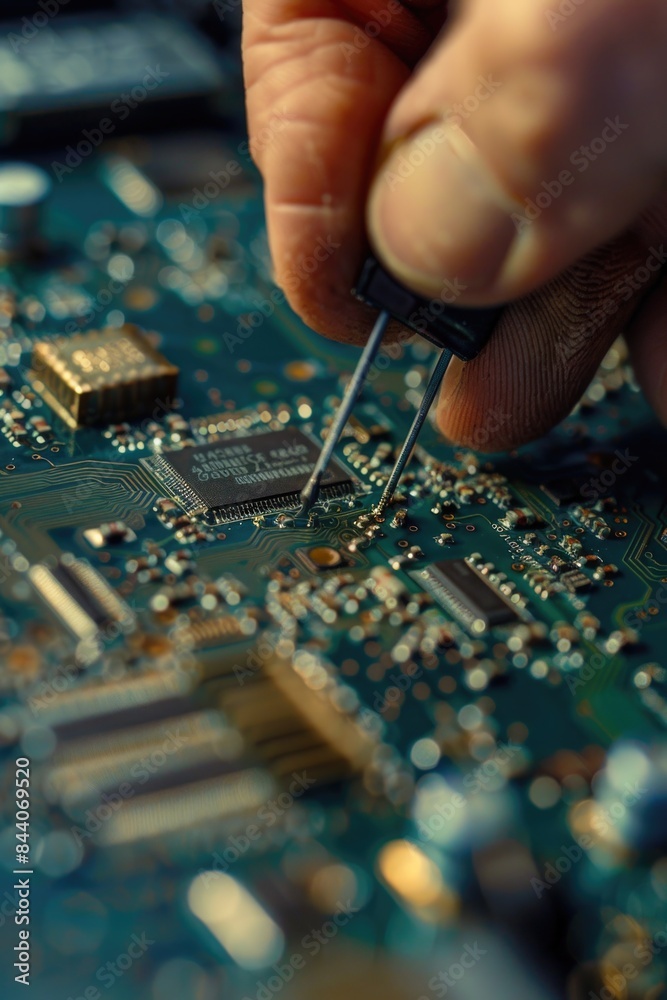Aufkleber a person works on a circuit board with various components and wires