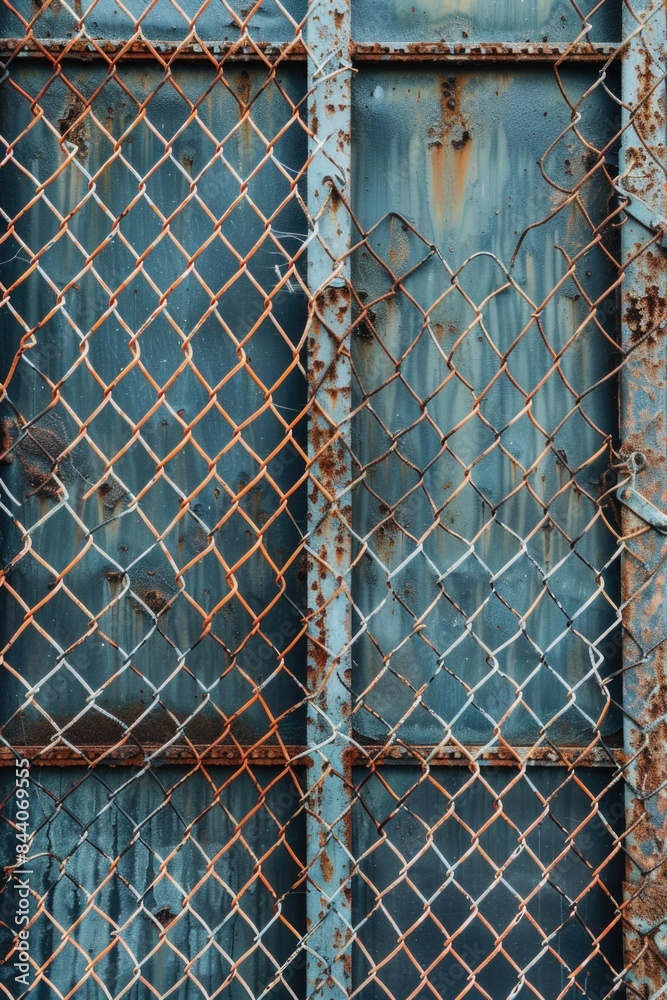 Poster a close-up of a rusty metal door with a chain link fence, ideal for use in scenes depicting urban de