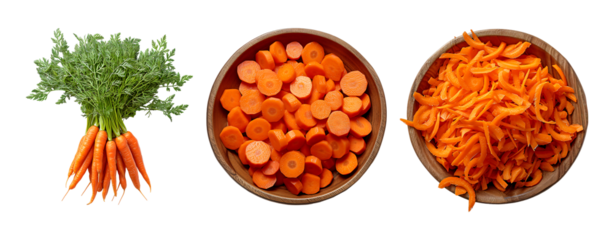 Carrots, whole, sliced, and grated in wooden bowls.