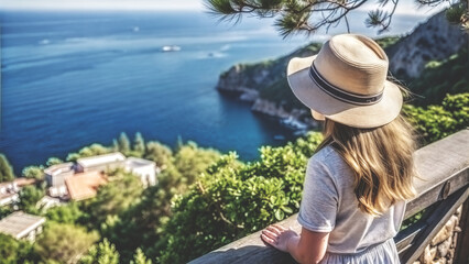 Fototapeta premium A young woman in a hat stands at View Point among the mountains and looks at the seascapes.