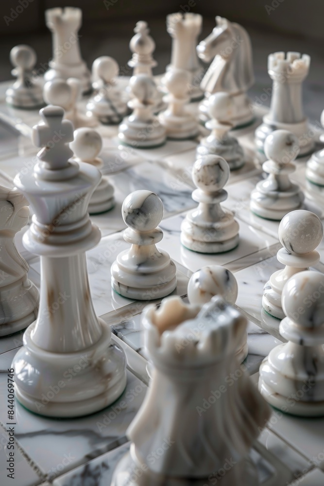 Aufkleber A close-up view of a chess board with multiple pieces in place