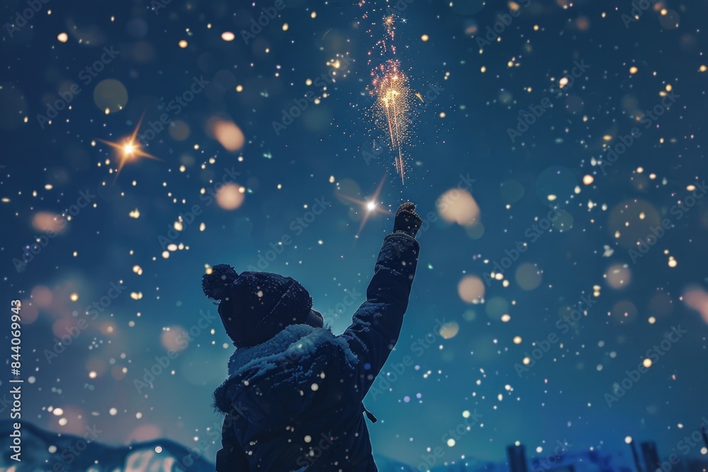 Poster a person holds a sparkler up in the air on a dark background