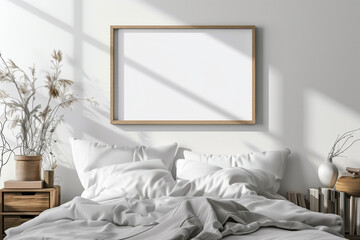 Blank picture frame mockup in a minimalist bedroom