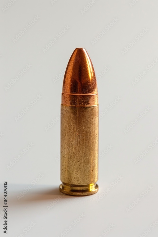 Poster a close-up shot of a bullet on a white surface, useful for illustrating firearms or ammunition in va