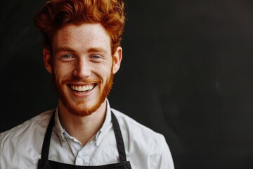 Fototapeta premium A man is shown wearing an apron and having a beard, this picture can be used for cooking or DIY related content
